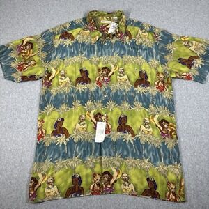 BURMA BIBAS 100% Silk Pin Up Hula Girls Large Hawaiian Aloha Shirt NWT